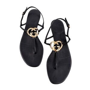 GUCCI Interlocking GG Heart T-Strap Black Sandals US 7.5